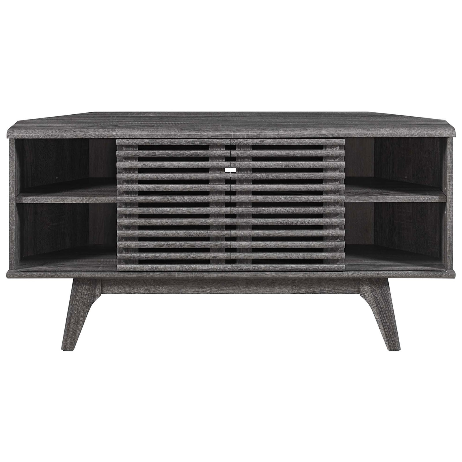 Centered slatted doors hide devices while open side cubbies display decor on this charcoal TV stand || EEI-6157-CHA || front_studio