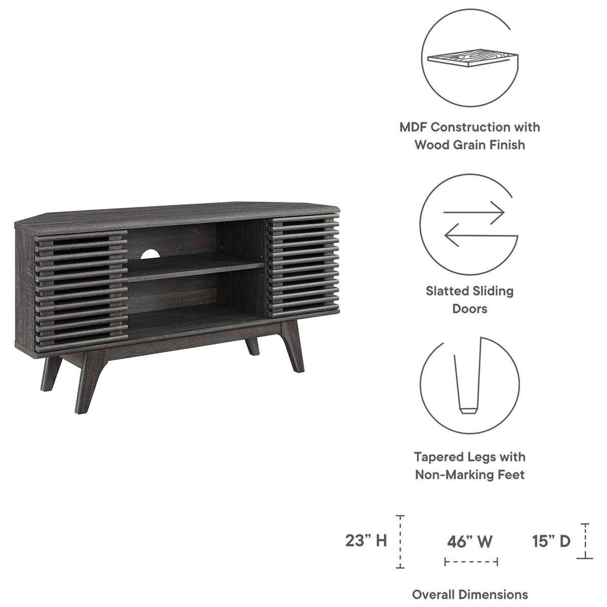 Feature graphic listing MDF wood grain finish, slatted doors, tapered legs, and dimensions of the stand || EEI-6157-CHA || dimension_studio