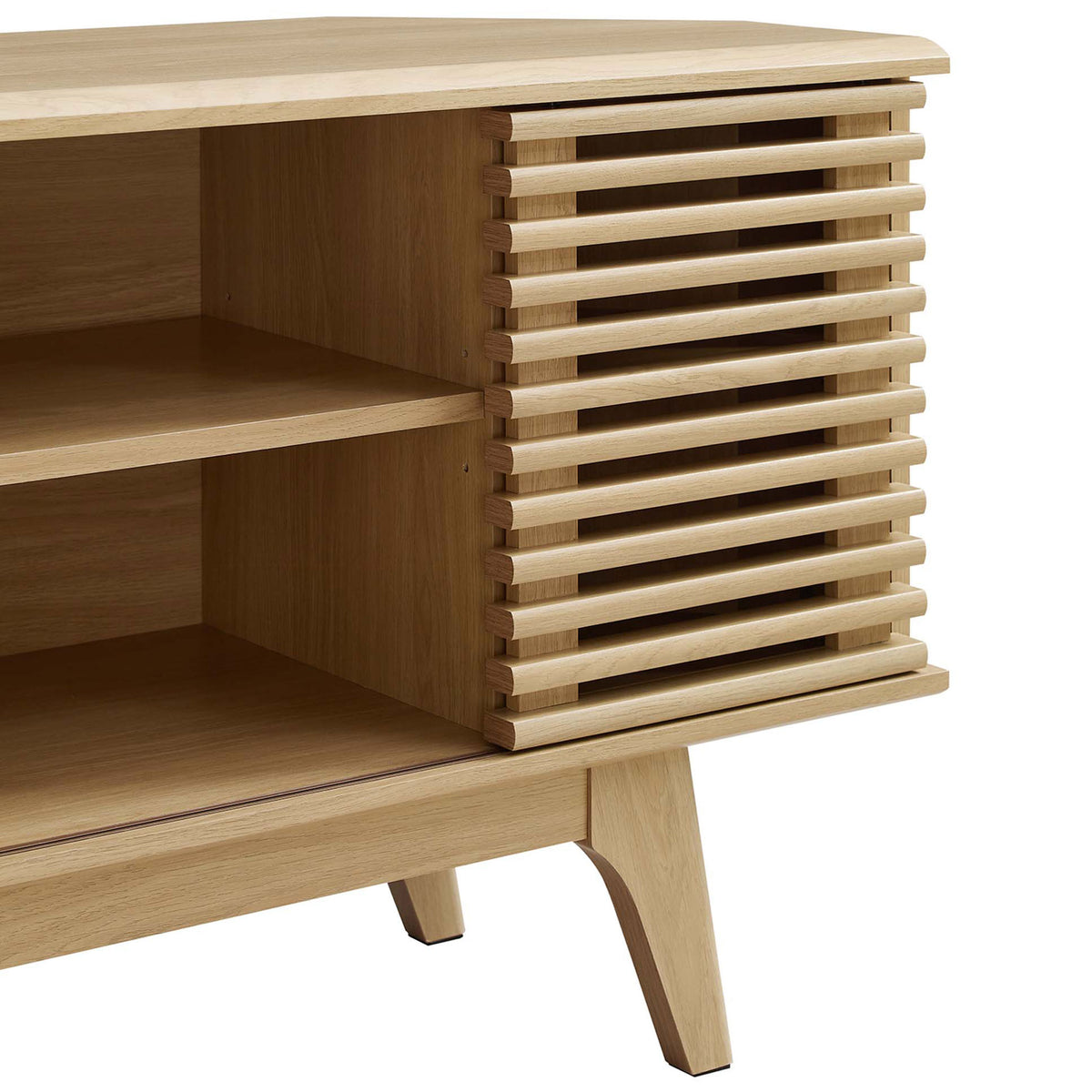 Oak wood grain and horizontal slats emphasize the sculpted sliding door and storage shelf detail || EEI-6157-OAK || detail_studio