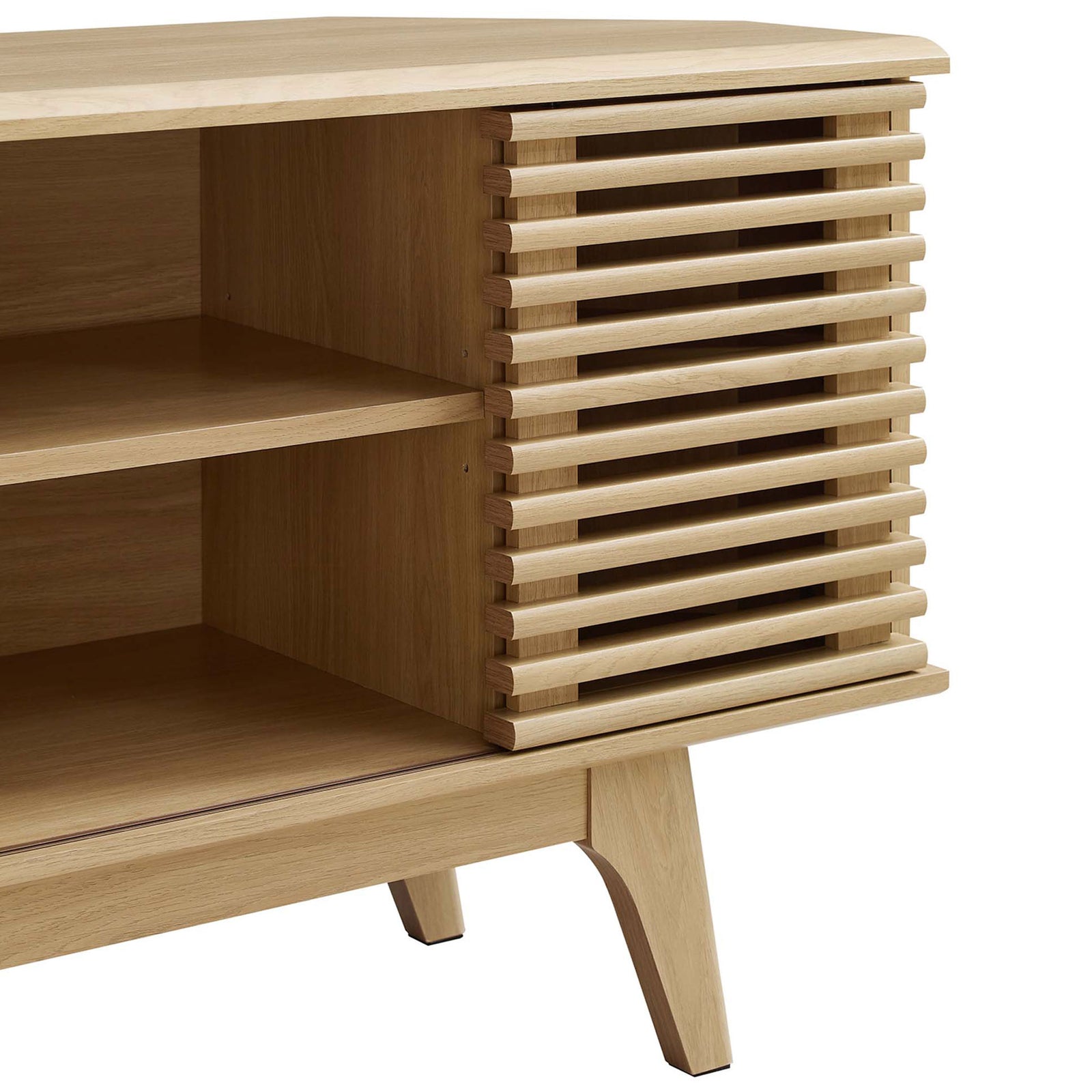 Oak wood grain and horizontal slats emphasize the sculpted sliding door and storage shelf detail || EEI-6157-OAK || detail_studio