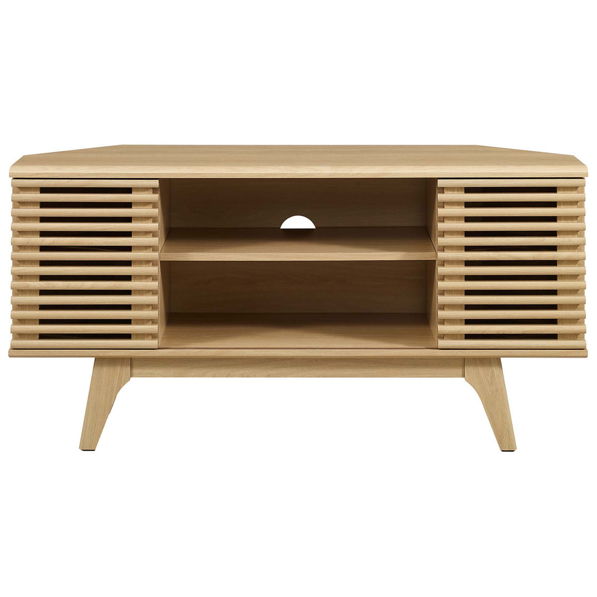 Oak corner TV stand with dual slatted doors, open center shelves, and rear cable management hole || EEI-6157-OAK || front_studio