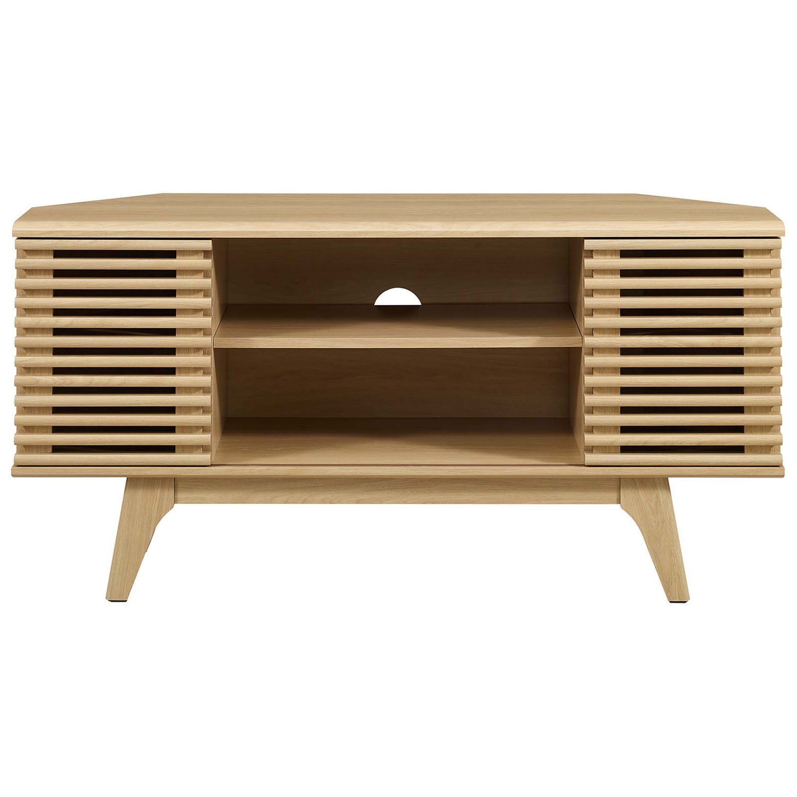 Oak corner TV stand with dual slatted doors, open center shelves, and rear cable management hole || EEI-6157-OAK || front_studio