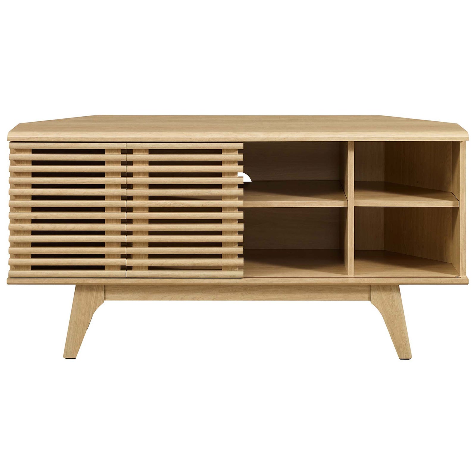 Sliding door reveals cubby storage on one side of this oak corner TV stand for media accessories || EEI-6157-OAK || front_studio