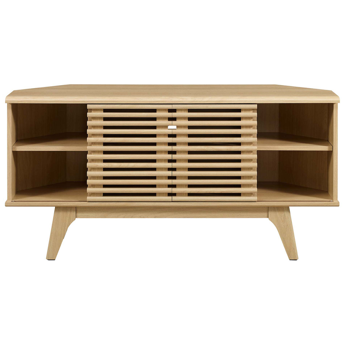 Central slatted doors conceal components while open side cubbies showcase decor on this oak TV stand || EEI-6157-OAK || front_studio