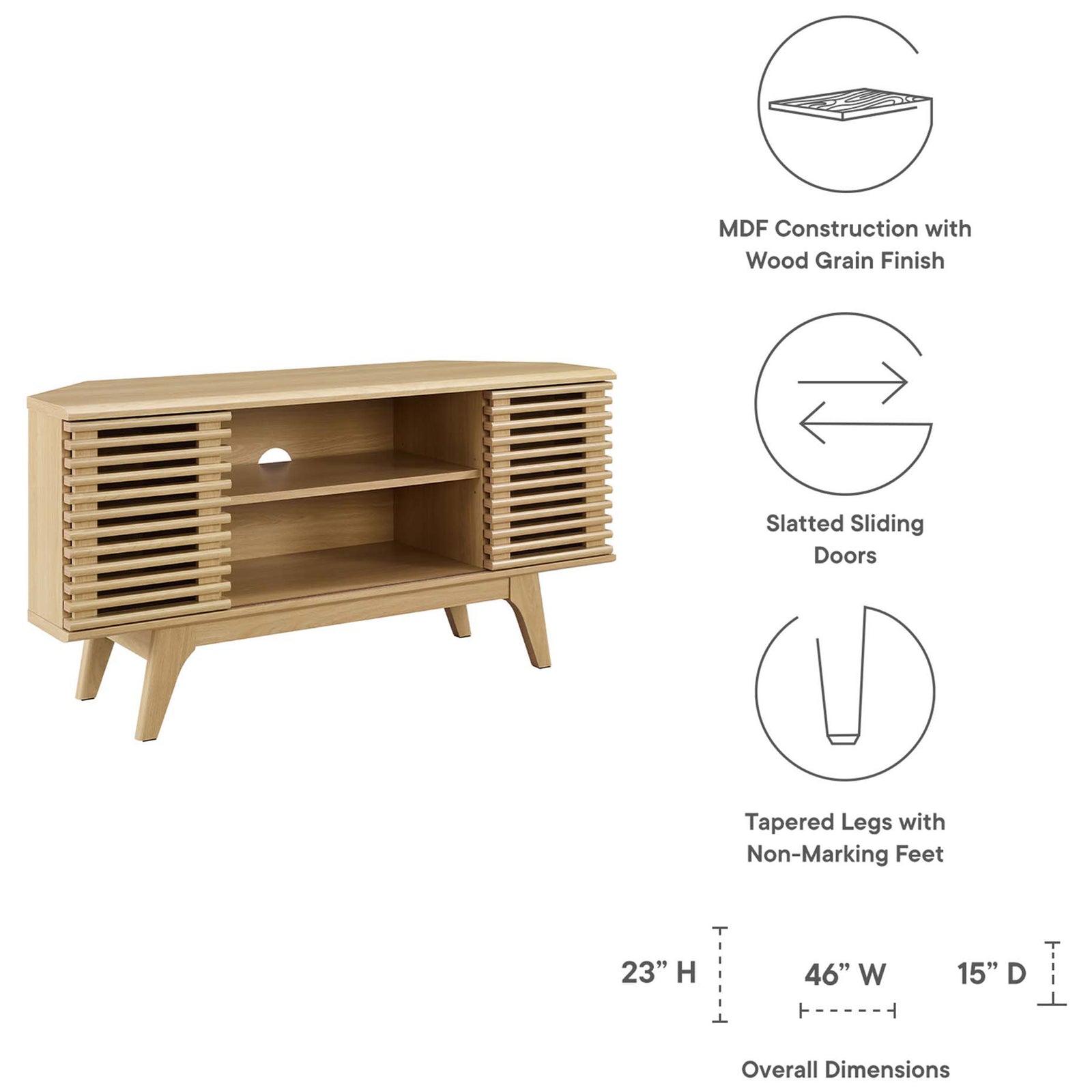 Feature graphic highlighting MDF wood grain finish, slatted doors, tapered legs, and overall dimensions || EEI-6157-OAK || dimension_studio