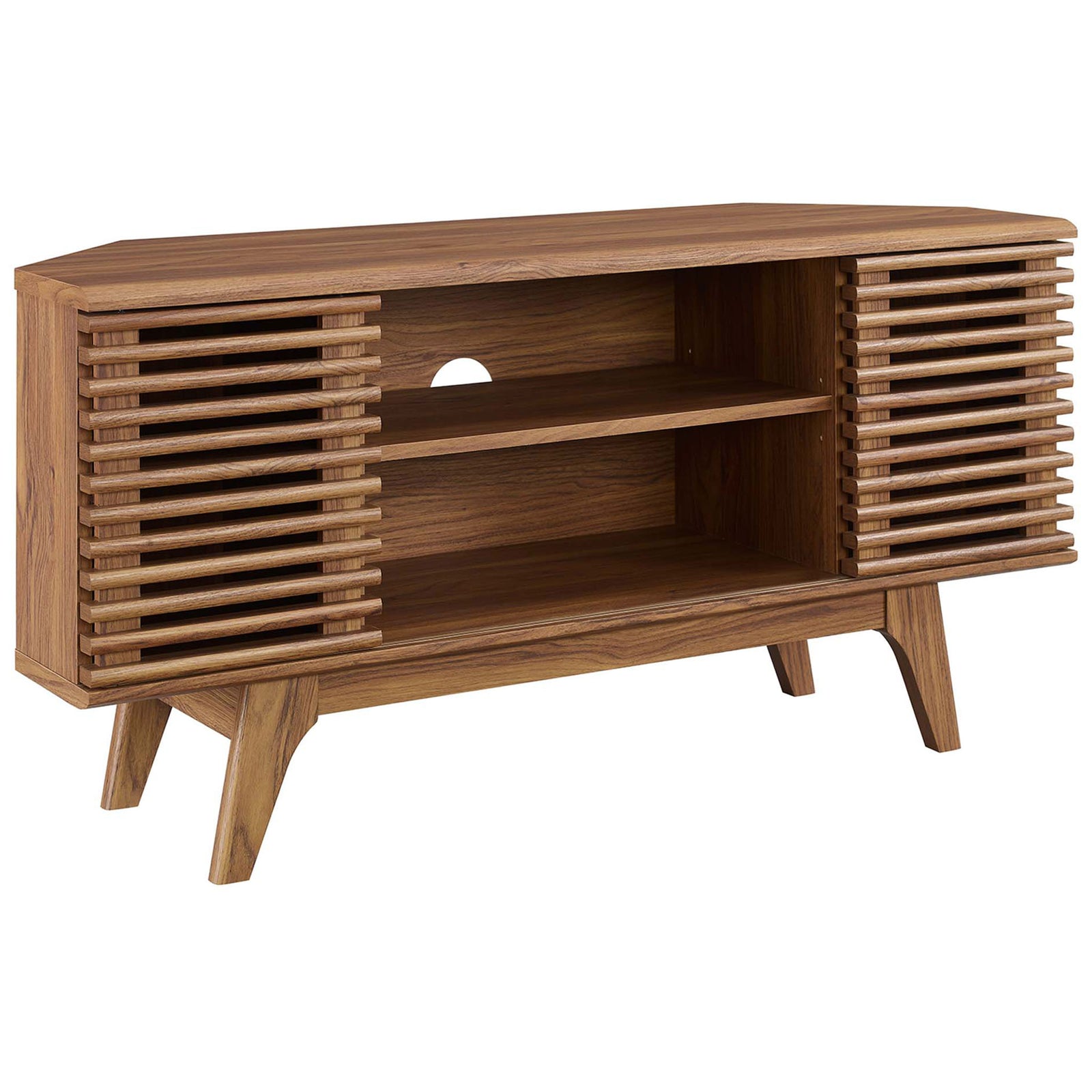 Walnut corner TV stand with slatted sliding doors, open shelves, and tapered wood legs for warmth || EEI-6157-WAL || front_angle_studio
