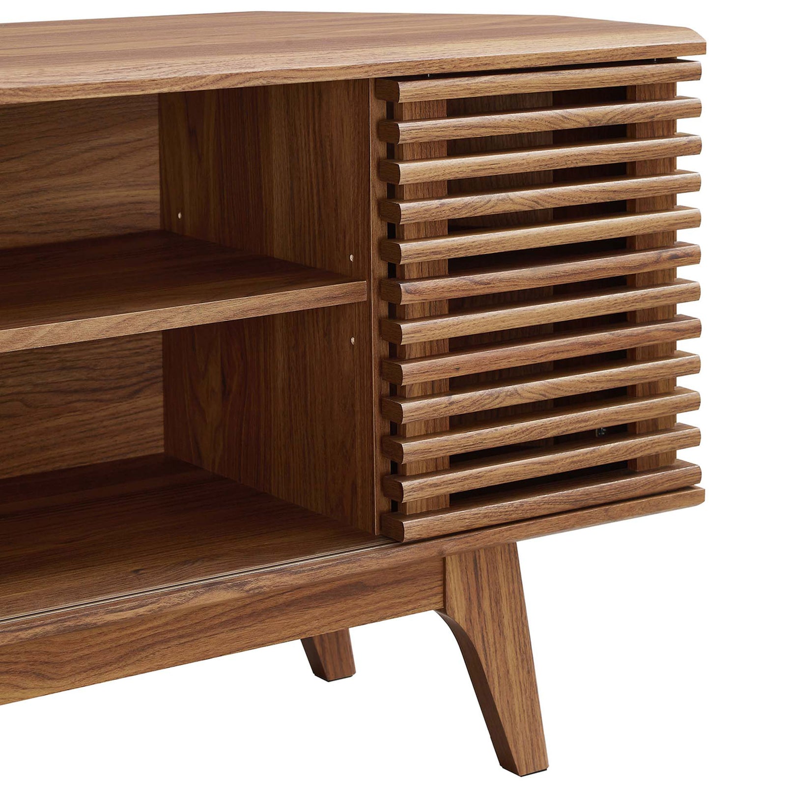 Walnut wood grain and horizontal slats highlight the rich sliding door and storage shelf detail || EEI-6157-WAL || detail_studio