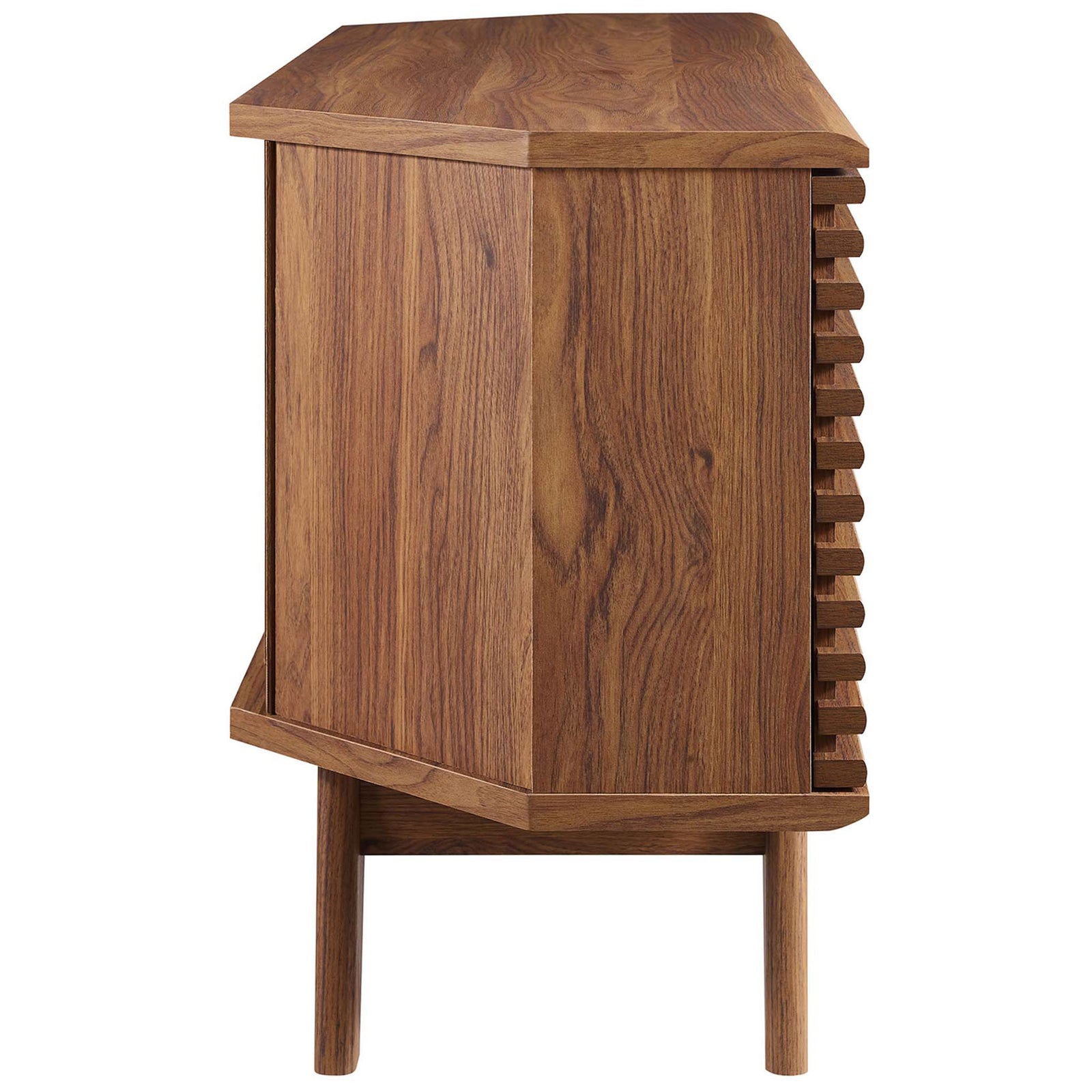 Streamlined walnut frame and angled back let this TV stand sit flush in a living room corner || EEI-6157-WAL || side_studio