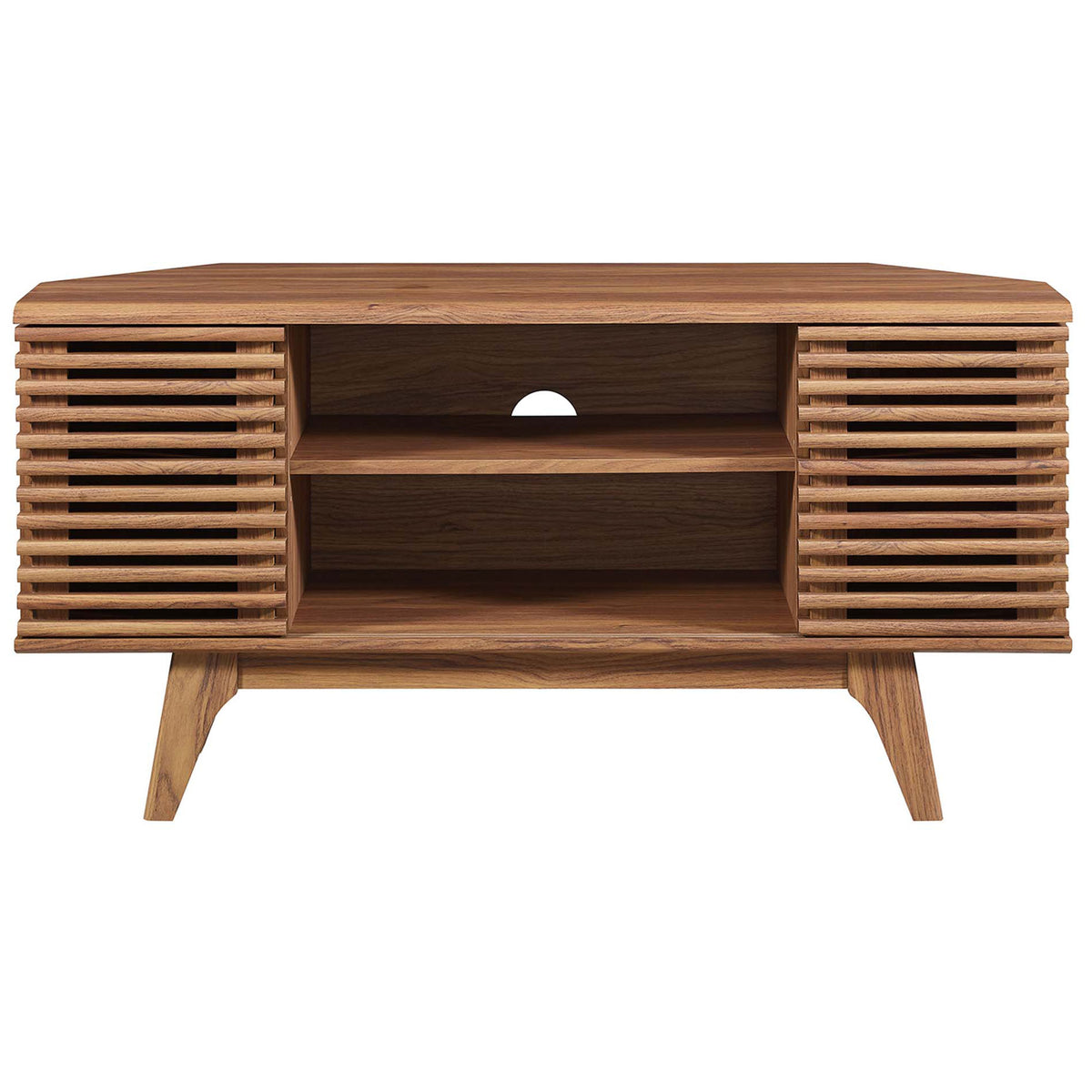 Walnut corner TV stand with dual slatted doors, open center shelves, and rear cable management hole || EEI-6157-WAL || front_studio