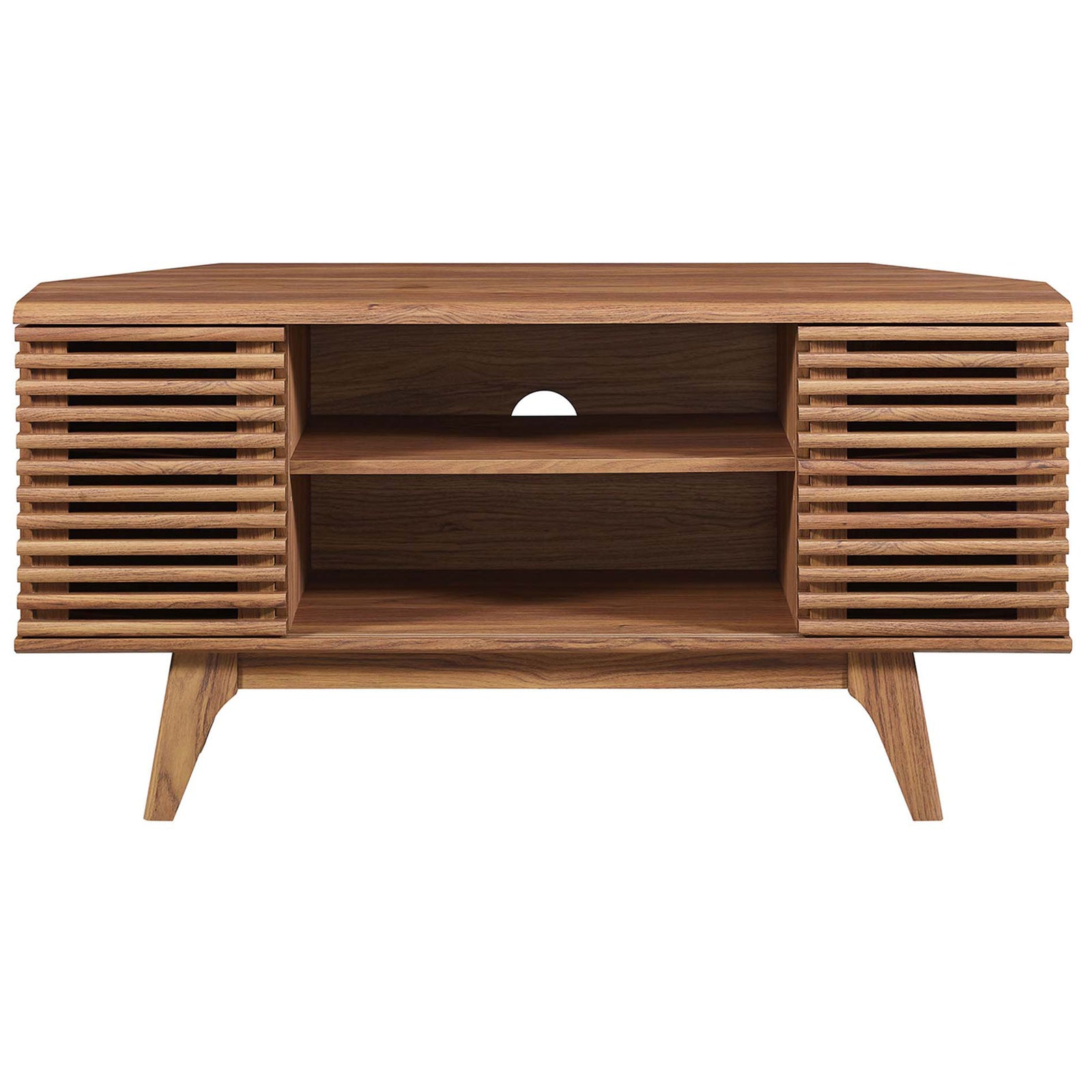 Walnut corner TV stand with dual slatted doors, open center shelves, and rear cable management hole || EEI-6157-WAL || front_studio