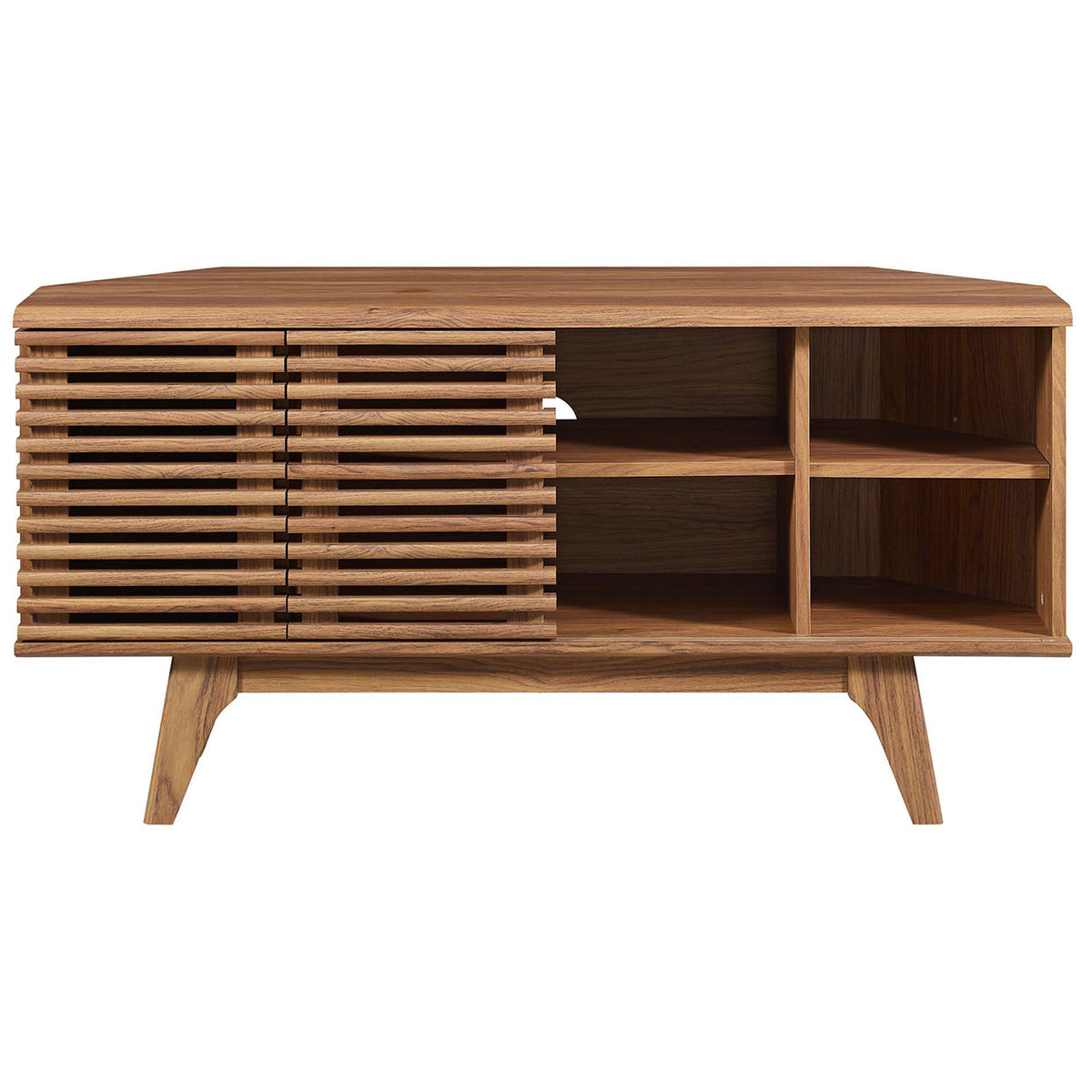 Sliding door opens cubby storage on one side of this walnut corner TV stand for consoles and media || EEI-6157-WAL || front_studio