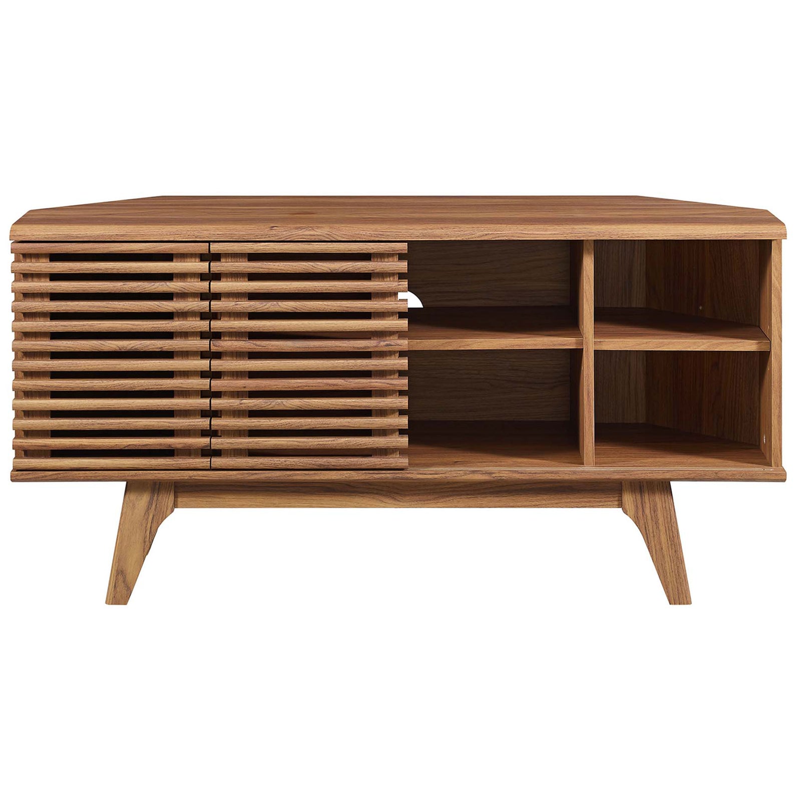 Sliding door opens cubby storage on one side of this walnut corner TV stand for consoles and media || EEI-6157-WAL || front_studio