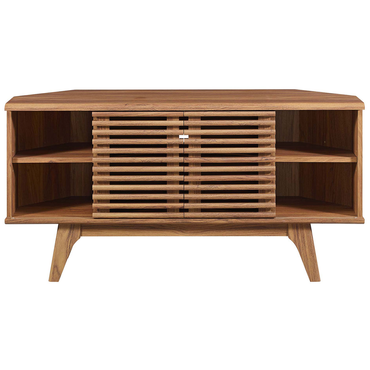 Centered slatted doors shield components while open side cubbies display decor on this walnut TV stand || EEI-6157-WAL || front_studio