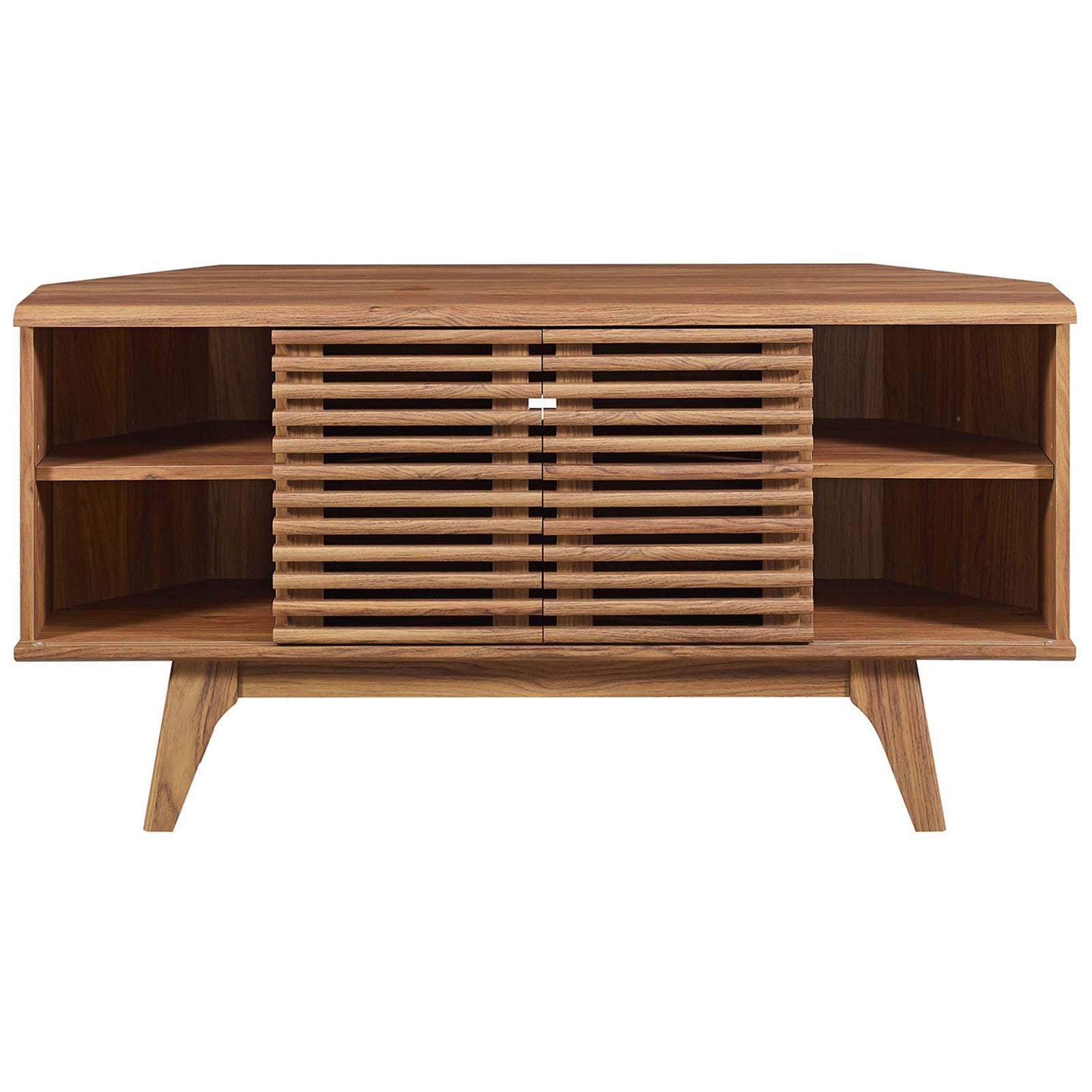 Centered slatted doors shield components while open side cubbies display decor on this walnut TV stand || EEI-6157-WAL || front_studio