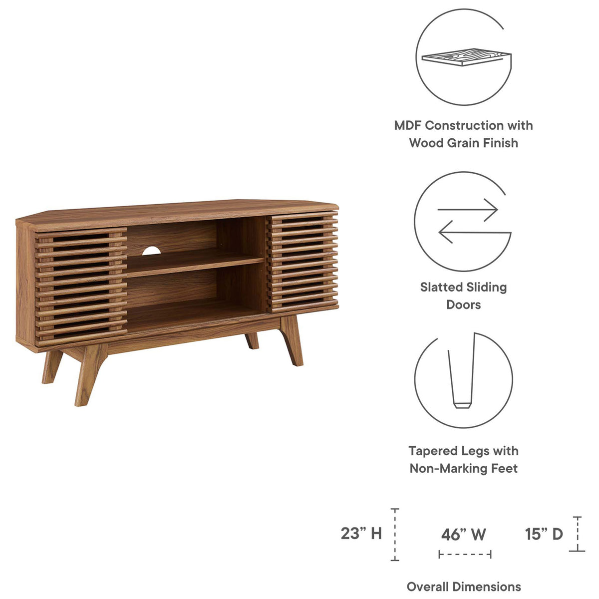 Feature graphic outlining MDF wood grain finish, slatted doors, tapered legs, and stand dimensions || EEI-6157-WAL || dimension_studio