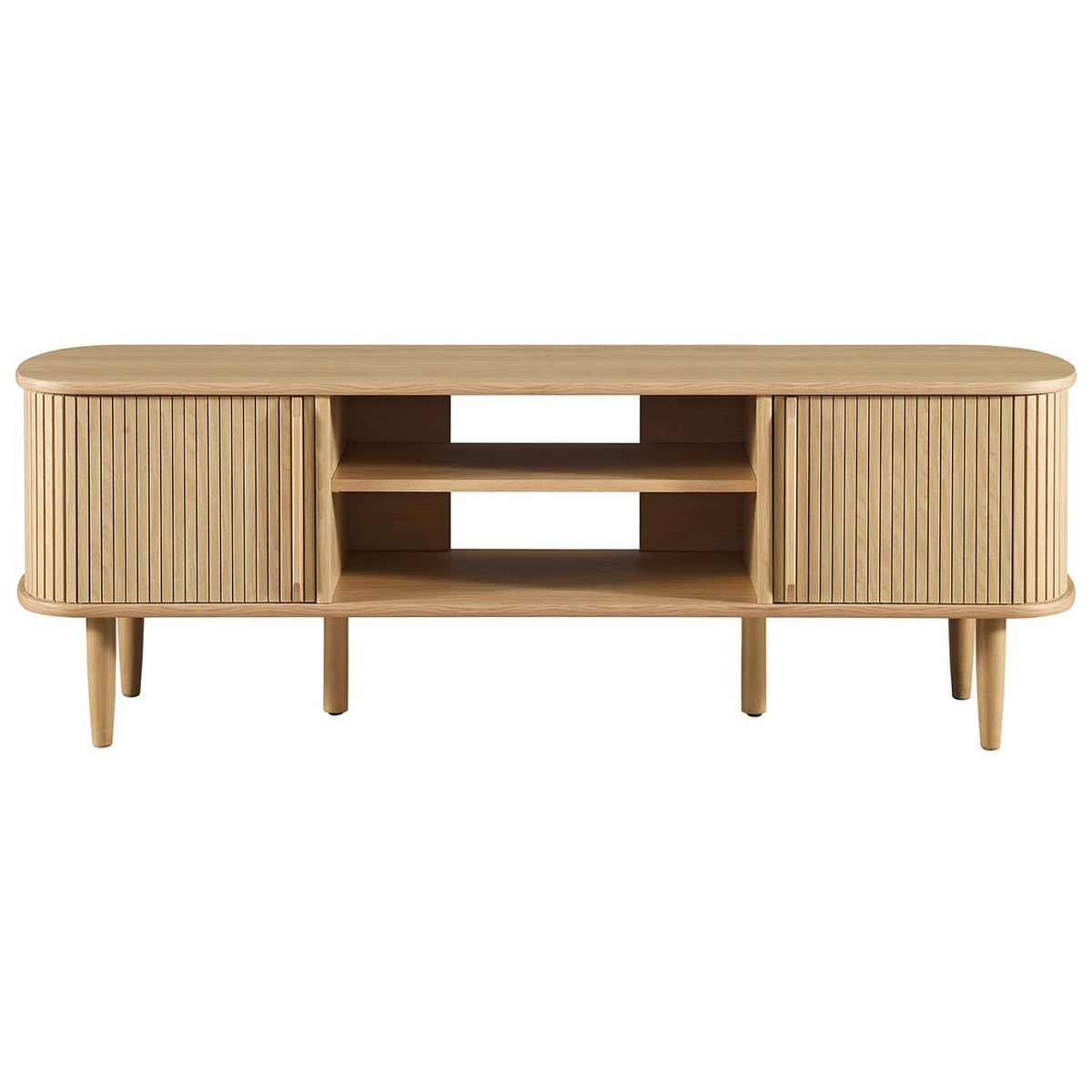Mid-century oak TV stand with slatted sliding doors and open center shelves || EEI-6158-OAK || front_studio