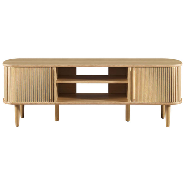 Mid-century oak TV stand with slatted sliding doors and open center shelves || EEI-6158-OAK || front_studio