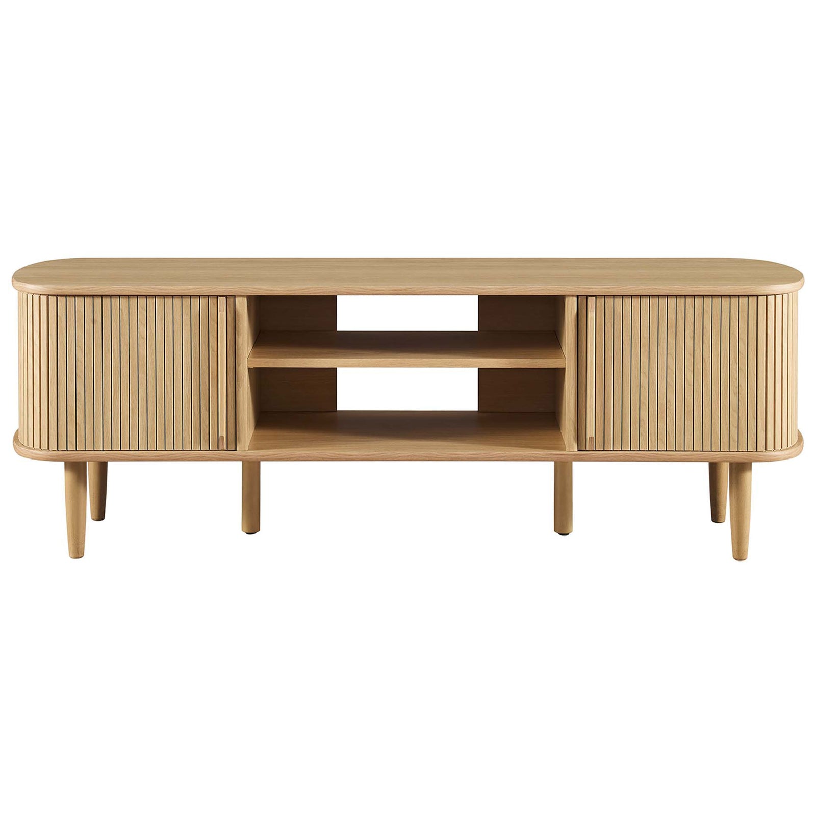 Mid-century oak TV stand with slatted sliding doors and open center shelves || EEI-6158-OAK || front_studio