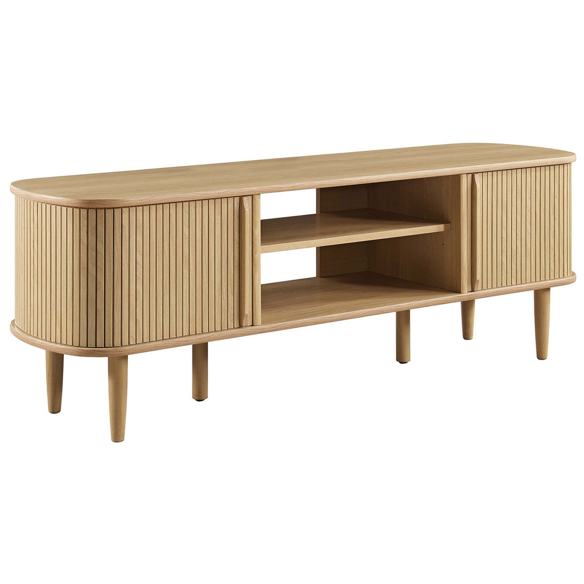 Contour oak TV stand showing rounded silhouette and mid-century tapered legs || EEI-6158-OAK || front_angle_studio