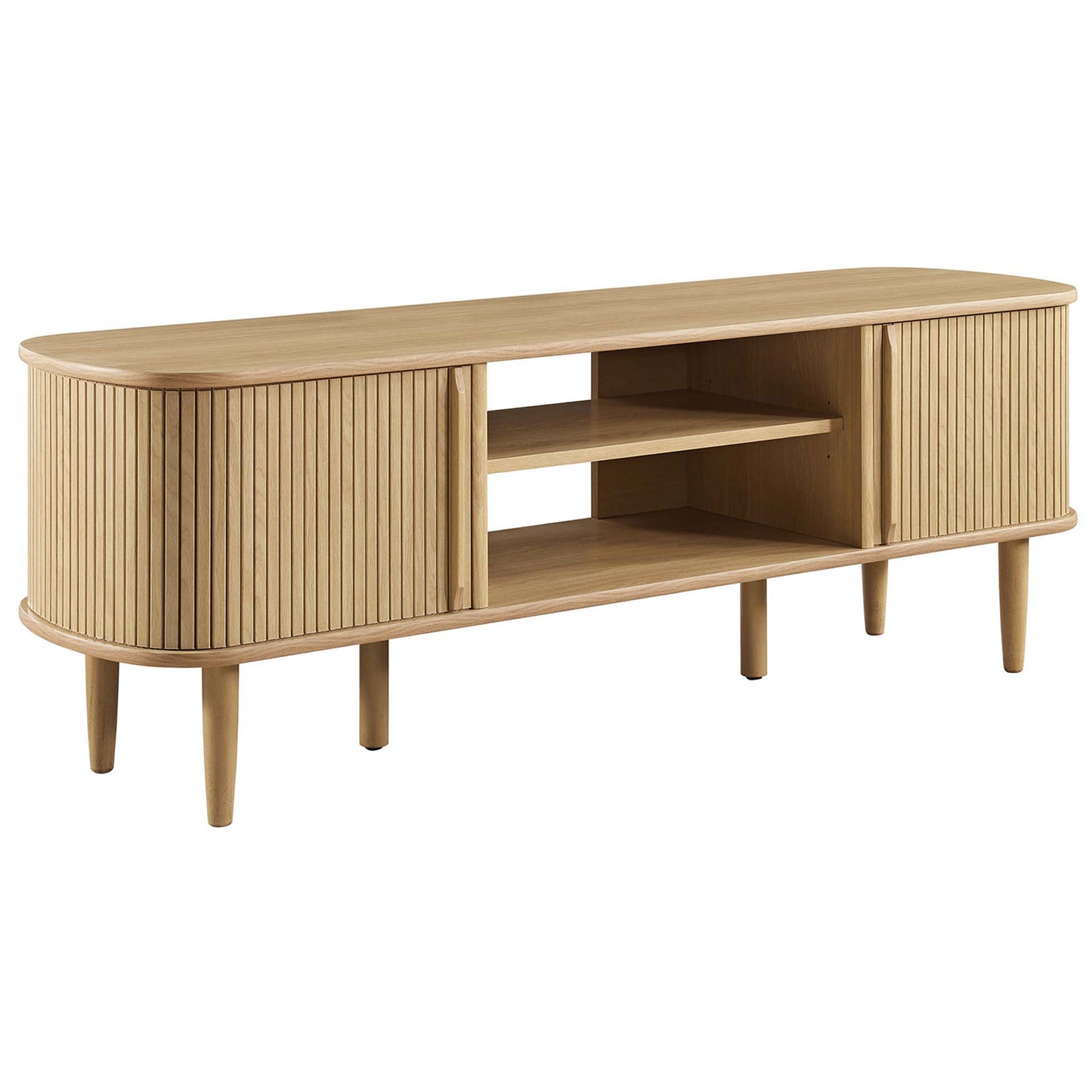 Contour oak TV stand showing rounded silhouette and mid-century tapered legs || EEI-6158-OAK || front_angle_studio