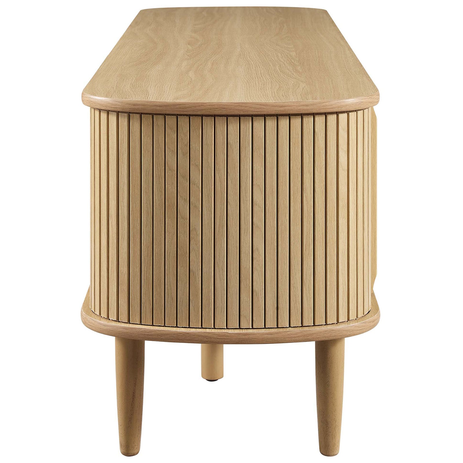 Oak TV stand with gently rounded end panels and full-height vertical slats || EEI-6158-OAK || side_studio