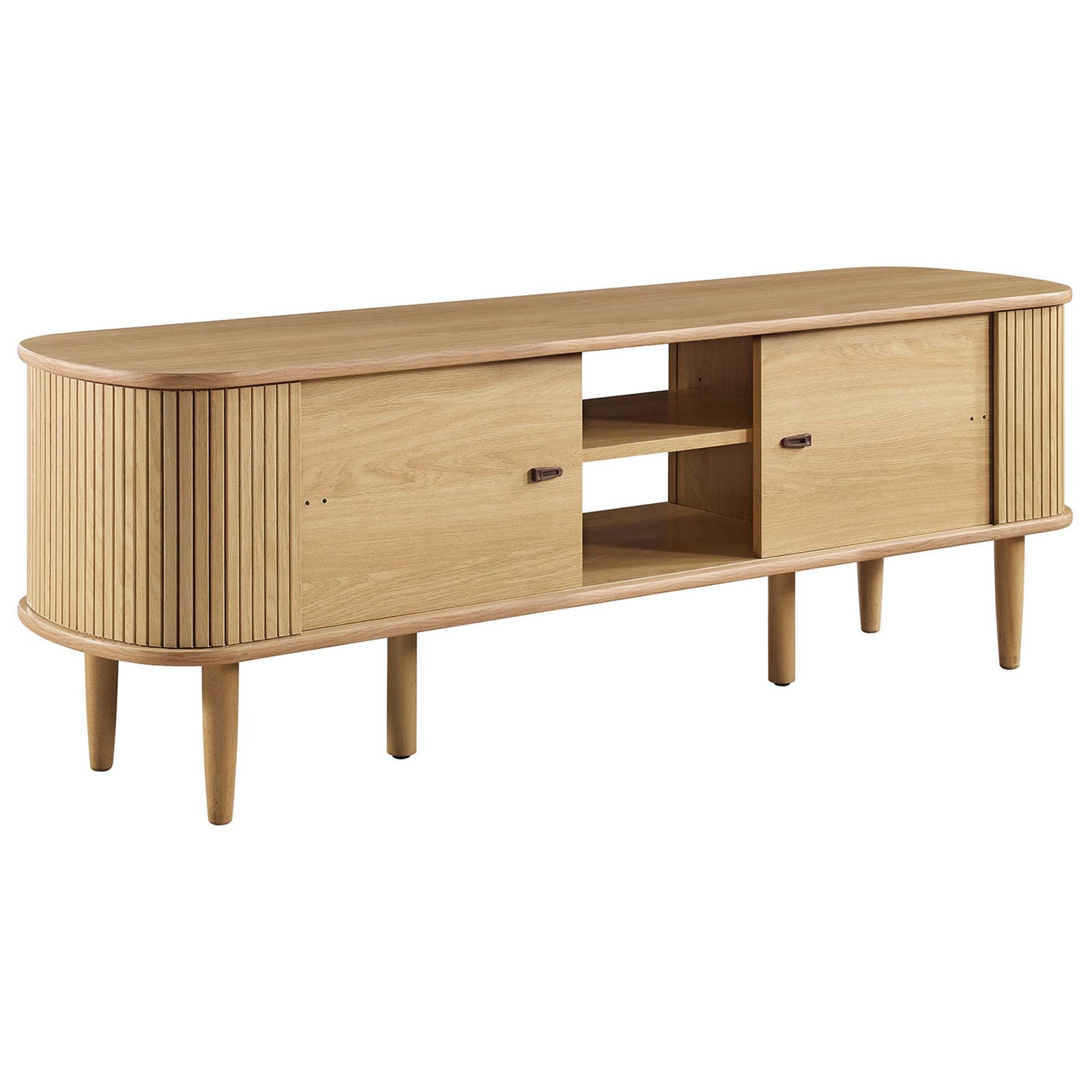 Oak TV console with sliding doors that conceal the center media compartment || EEI-6158-OAK || back_angle_studio