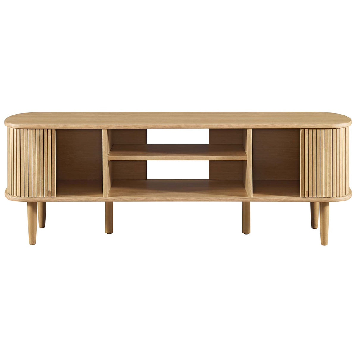 Oak 55-inch media console with beadboard doors and adjustable center storage || EEI-6158-OAK || front_open_studio