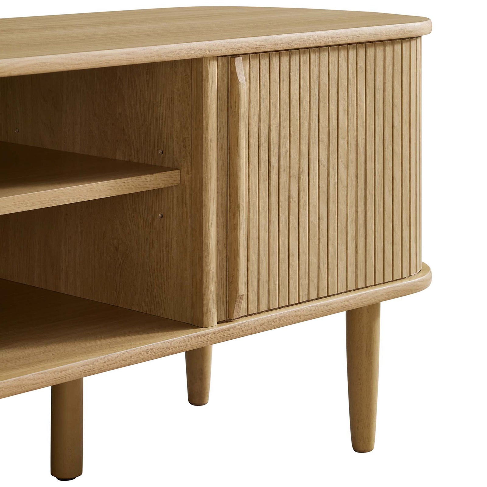 Tapered wood legs and fluted oak doors add light mid-century texture || EEI-6158-OAK || storage_studio