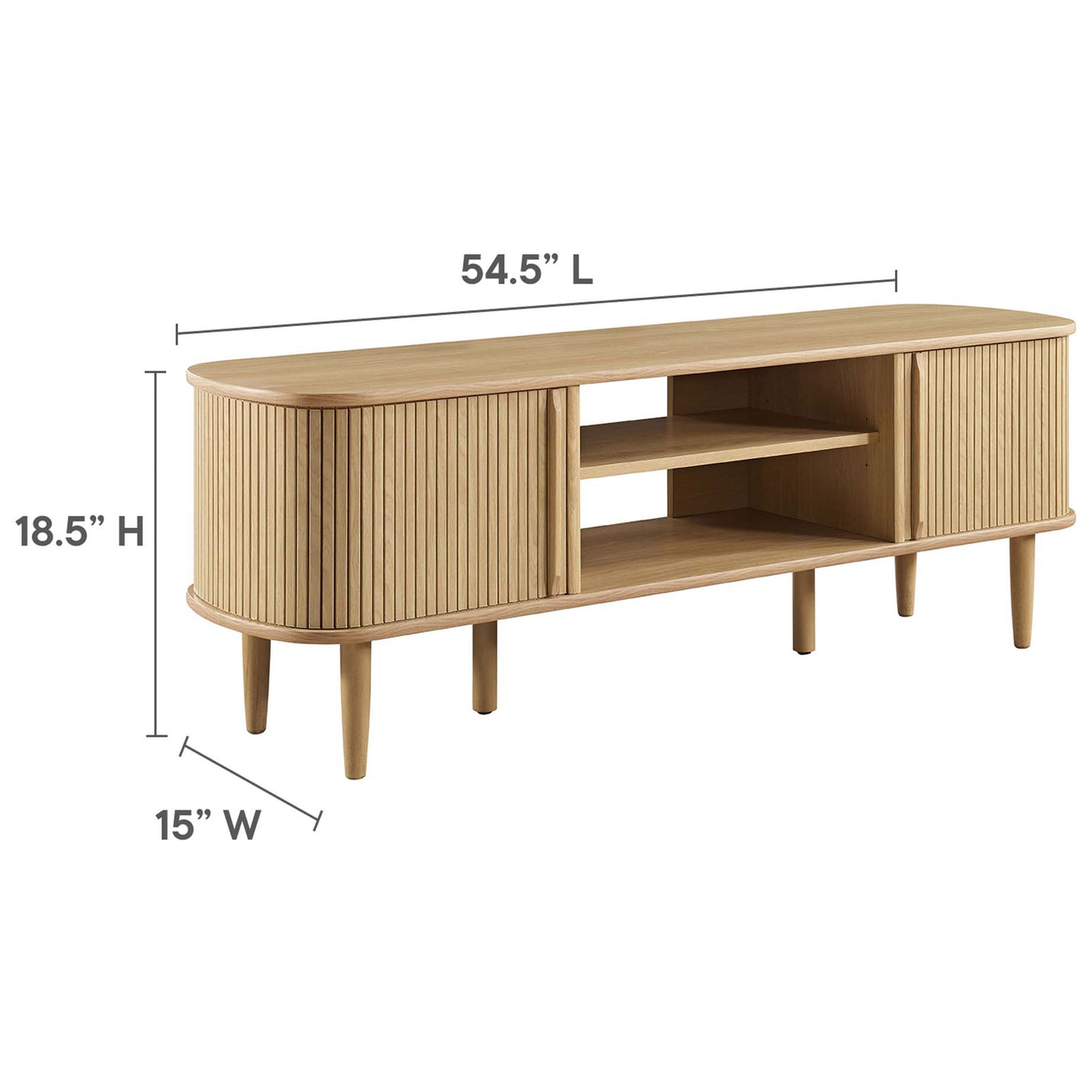 Dimensions of the 55-inch oak TV stand with clearly labeled width, height, and depth || EEI-6158-OAK || dimension_studio