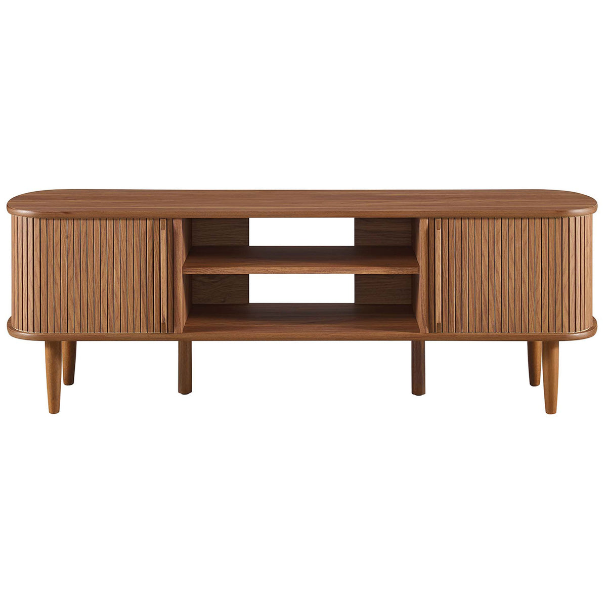 Mid-century walnut TV stand with slatted sliding doors and open center shelves || EEI-6158-WAL || front_studio