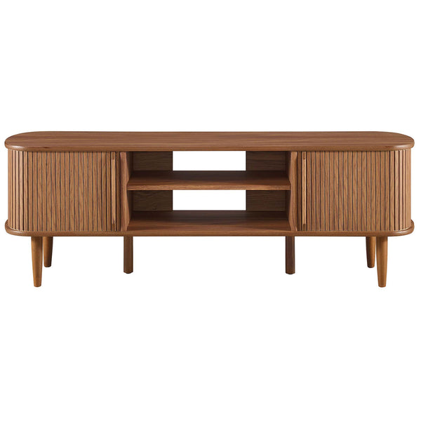 Mid-century walnut TV stand with slatted sliding doors and open center shelves || EEI-6158-WAL || front_studio