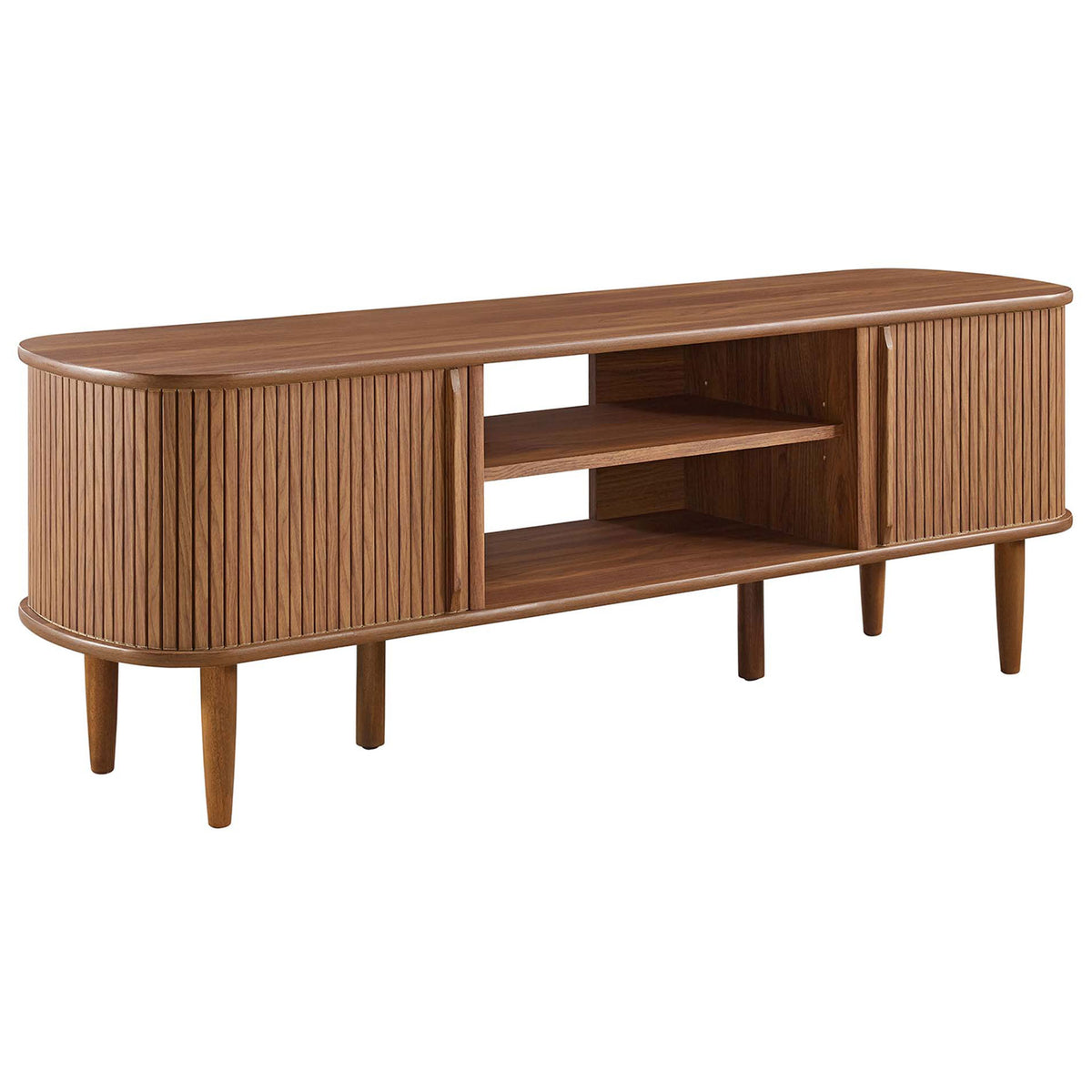 Contour walnut TV stand emphasizing its organic curves and tapered legs || EEI-6158-WAL || front_angle_studio