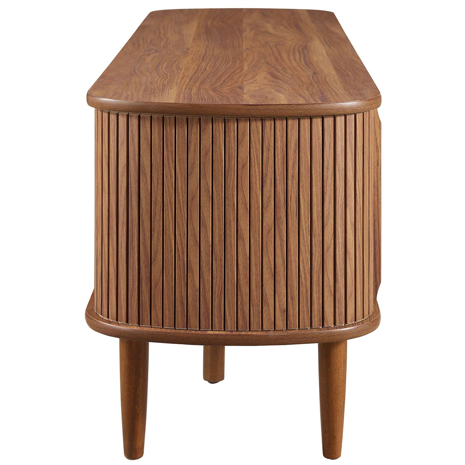 Walnut TV stand with rounded end panels and rich vertical wood slat texture || EEI-6158-WAL || side_studio