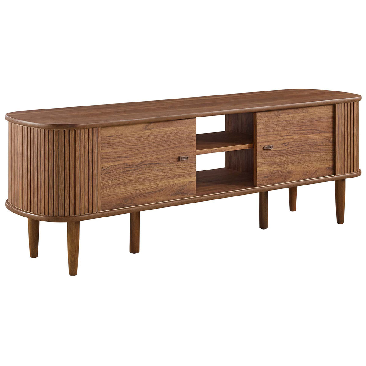 Walnut TV console with sliding doors positioned to showcase the side compartments || EEI-6158-WAL || back_angle_studio