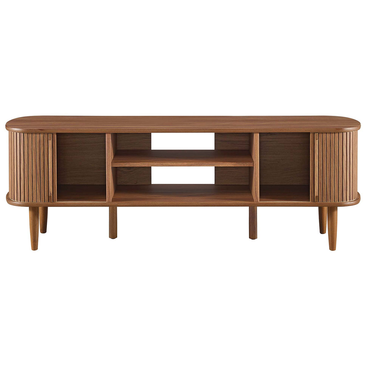 Walnut 55-inch media console with beadboard doors and adjustable center storage || EEI-6158-WAL || front_open_studio