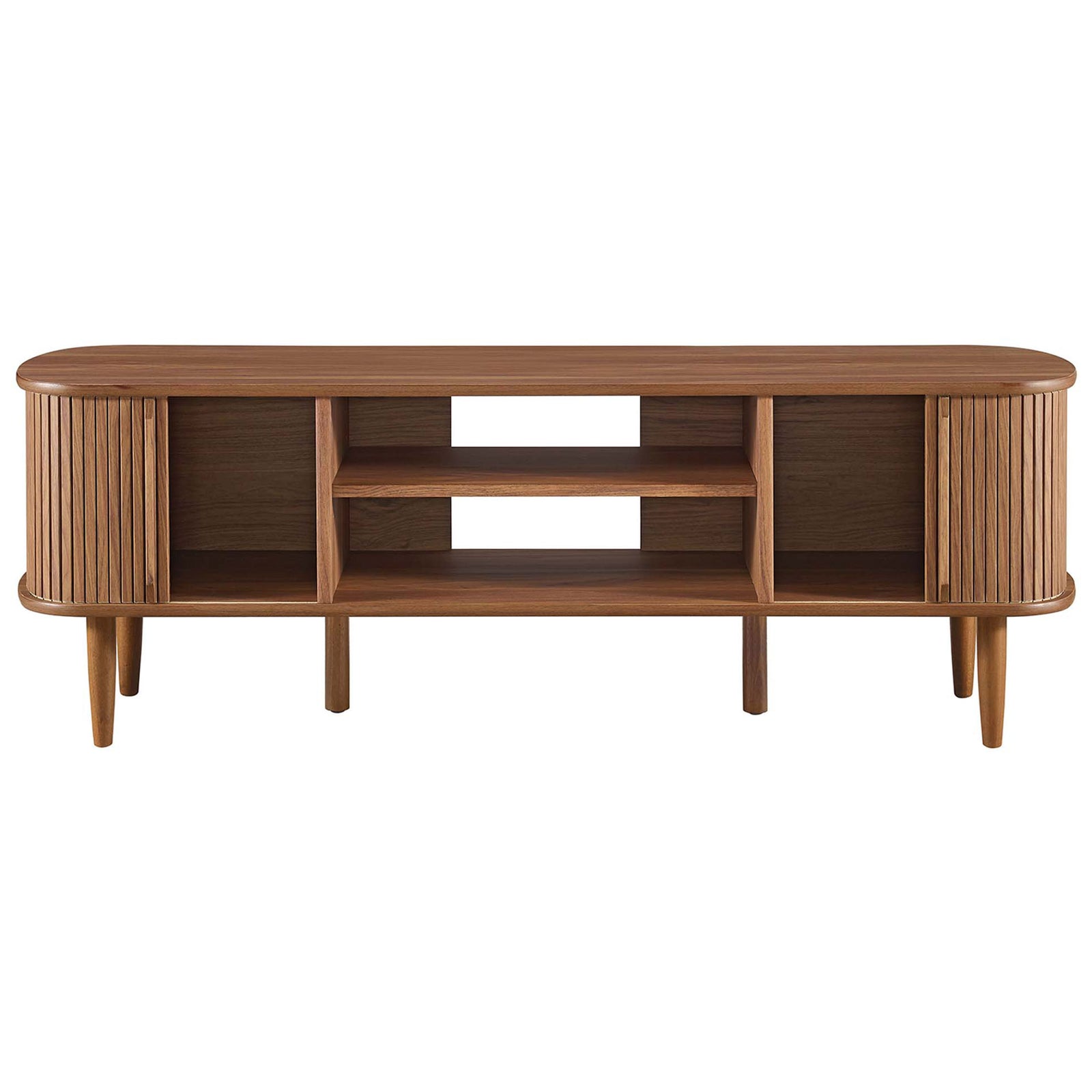 Walnut 55-inch media console with beadboard doors and adjustable center storage || EEI-6158-WAL || front_open_studio