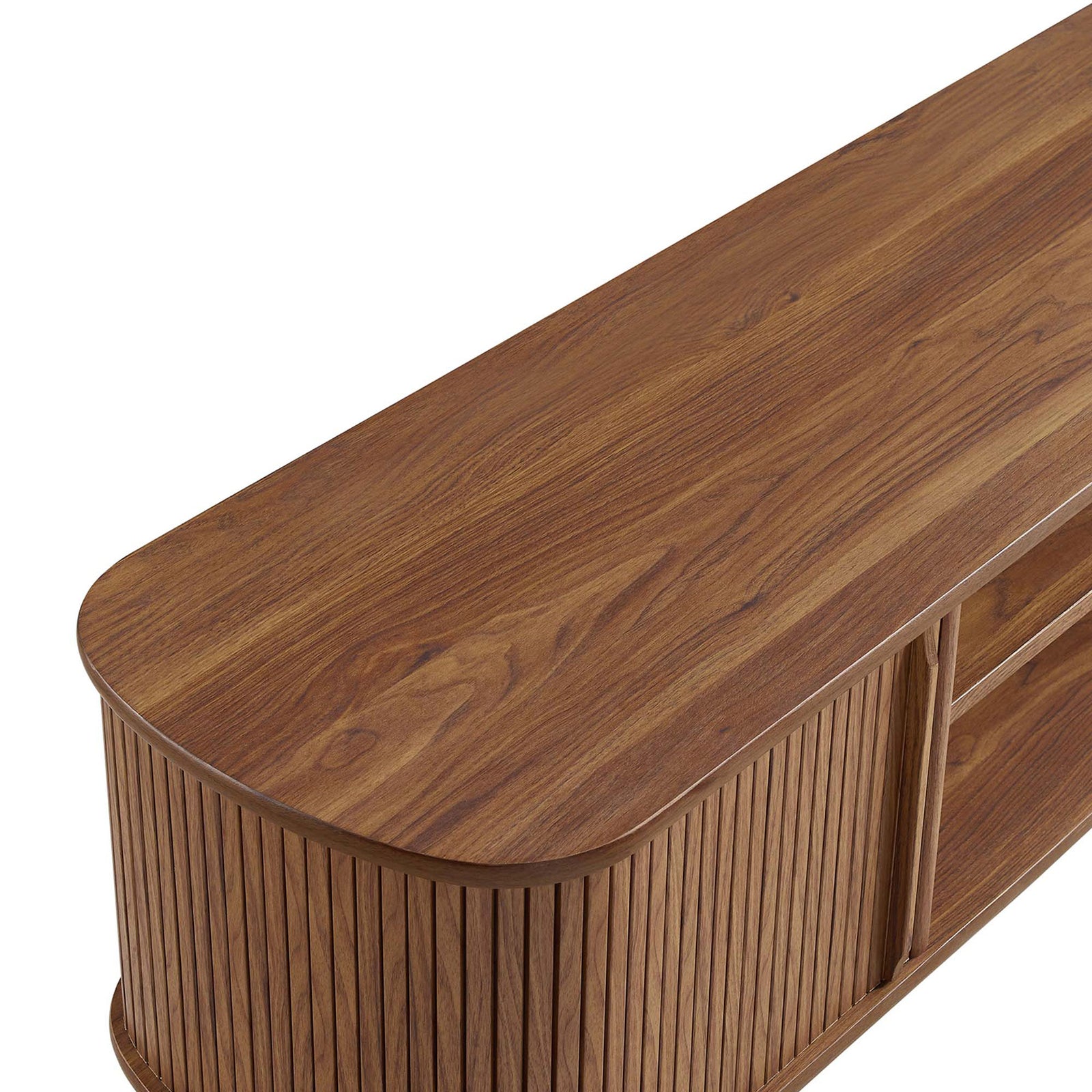Warm walnut wood grain top adds depth and character to this TV cabinet || EEI-6158-WAL || detail_studio