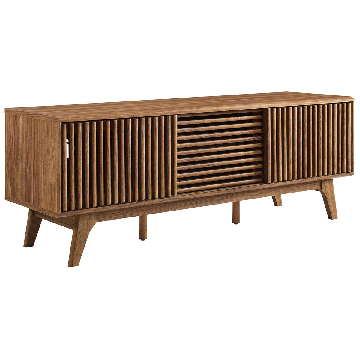 Walnut TV stand with three slatted sliding doors and splayed legs for a sleek mid-century media setup || EEI-6180-WAL || front_angle_studio