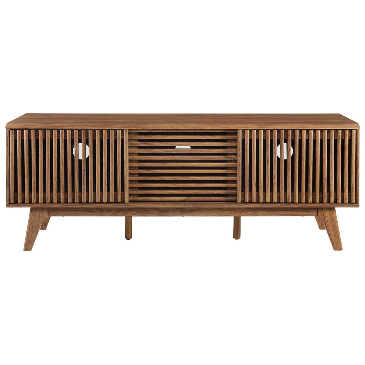 Walnut TV stand with matching slatted doors and center panel creating a balanced, contemporary focal piece || EEI-6180-WAL || front_studio
