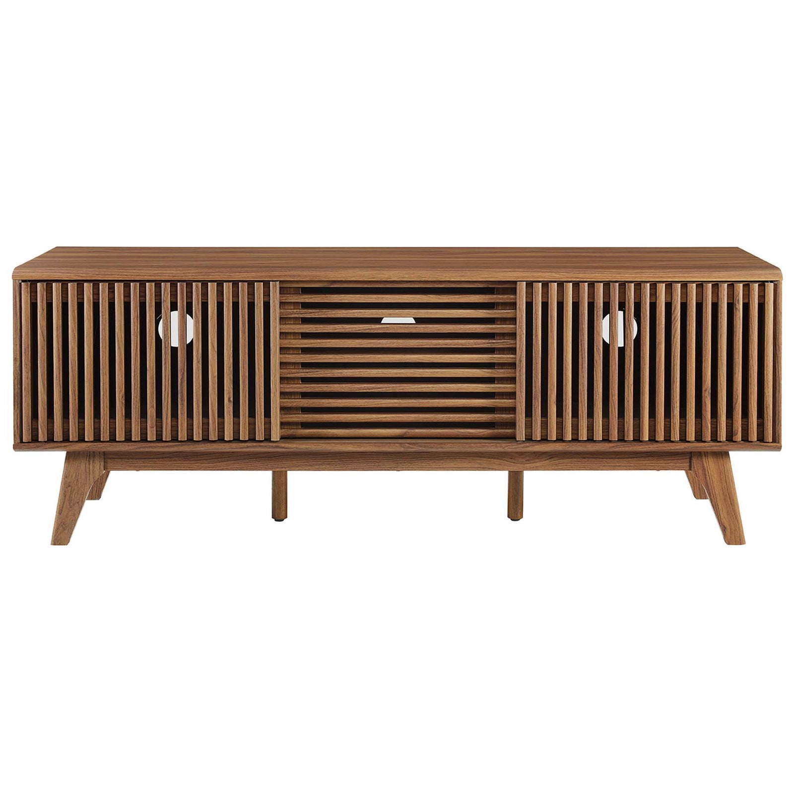 Walnut TV stand with matching slatted doors and center panel creating a balanced, contemporary focal piece || EEI-6180-WAL || front_studio
