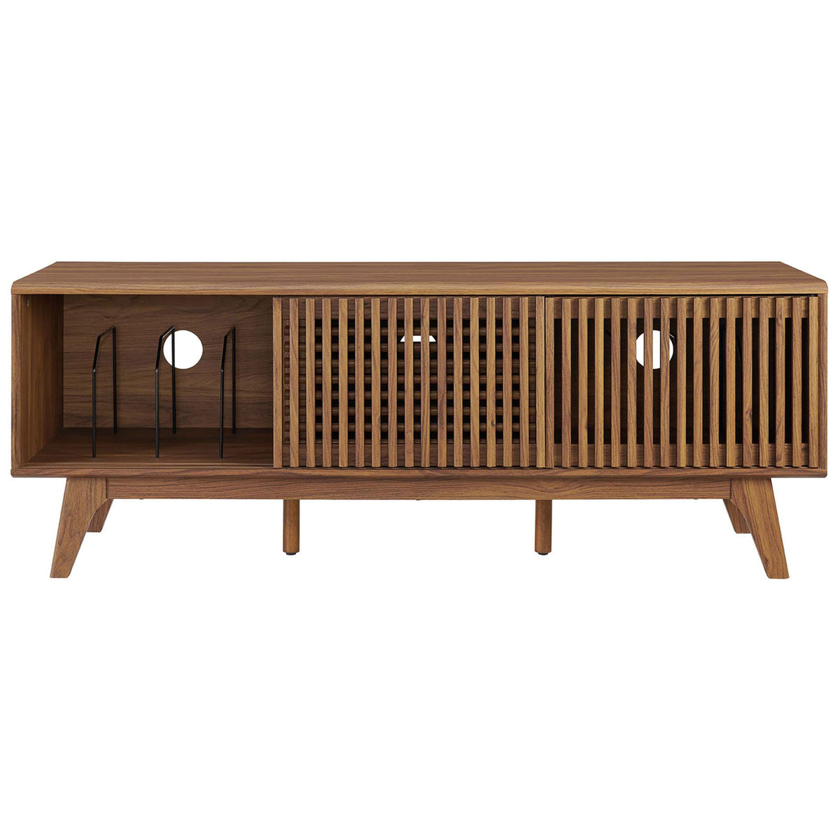 Walnut media console with left storage bay open to reveal metal dividers for vinyl records and media organization || EEI-6180-WAL || front_open_studio