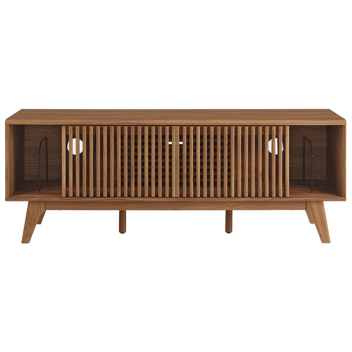 Walnut TV stand with outer bays open, revealing wide open shelves ideal for components, books, or decor || EEI-6180-WAL || front_open_studio