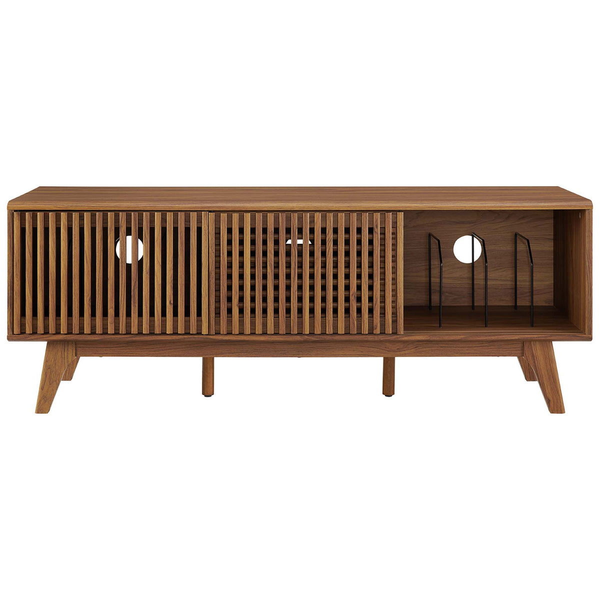 Walnut media console highlighting right-side record dividers and rear cable cutouts for organized storage || EEI-6180-WAL || front_open_studio