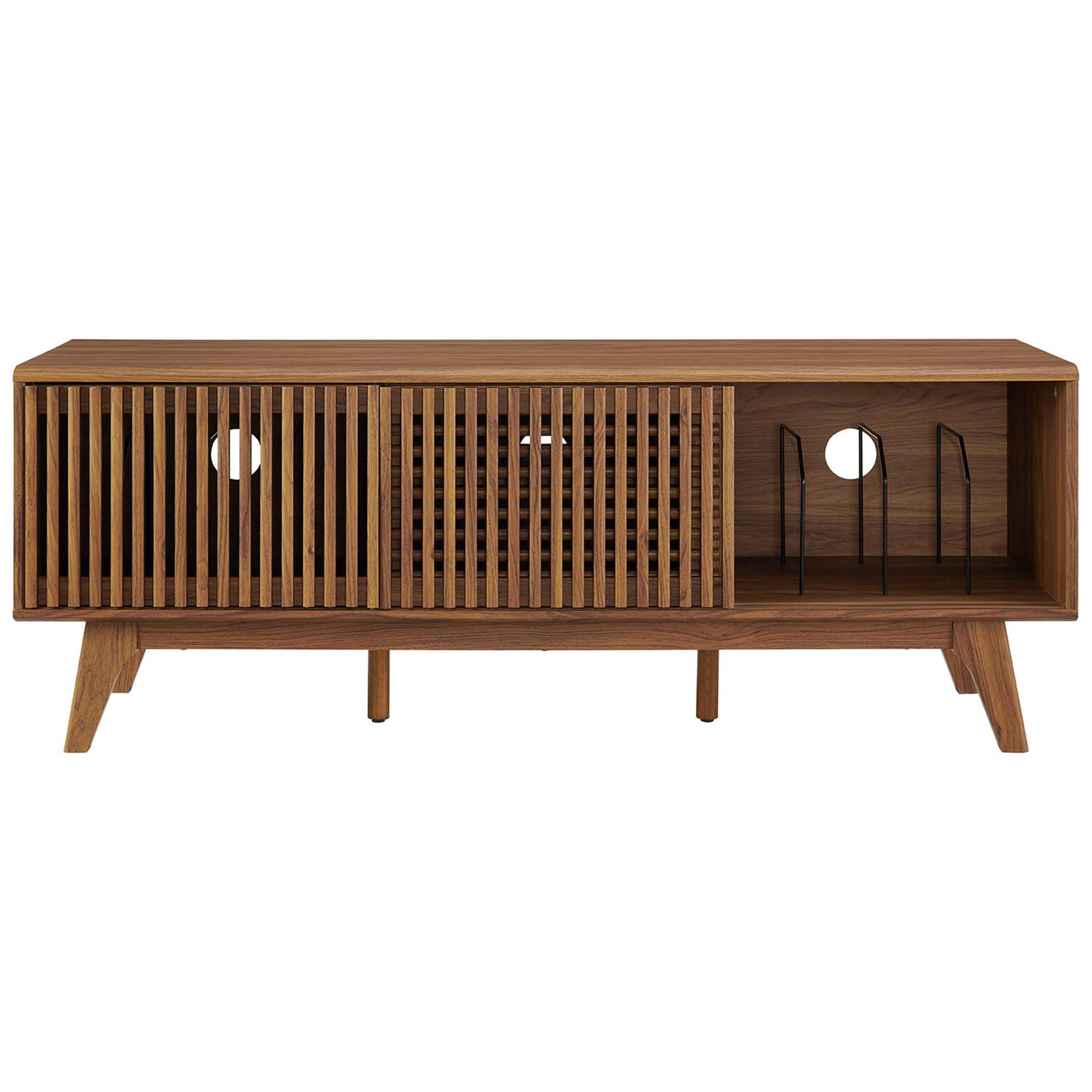 Walnut media console highlighting right-side record dividers and rear cable cutouts for organized storage || EEI-6180-WAL || front_open_studio