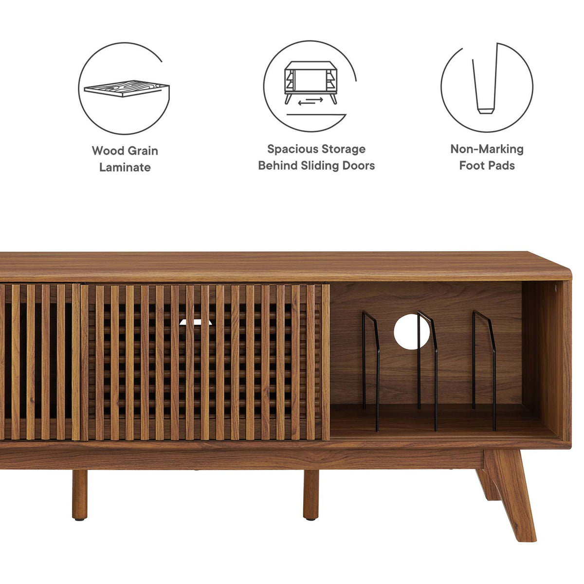 Feature graphic highlighting wood grain laminate, spacious storage behind sliding doors, and non-marking foot pads || EEI-6180-WAL || callout_studio