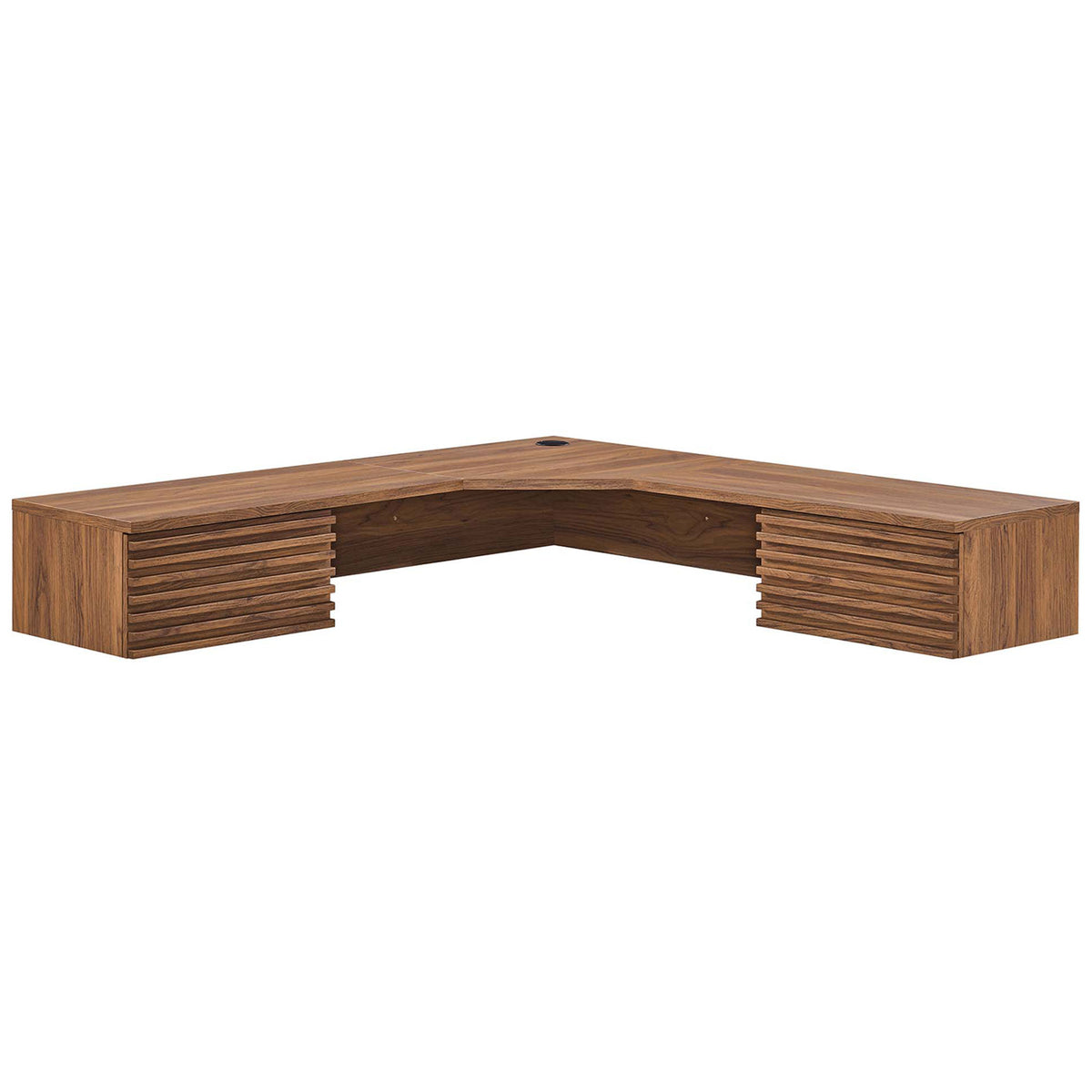 Floating corner desk in walnut with slatted drawers and a cable grommet for a tidy workspace || EEI-6181-WAL || front_angle_studio