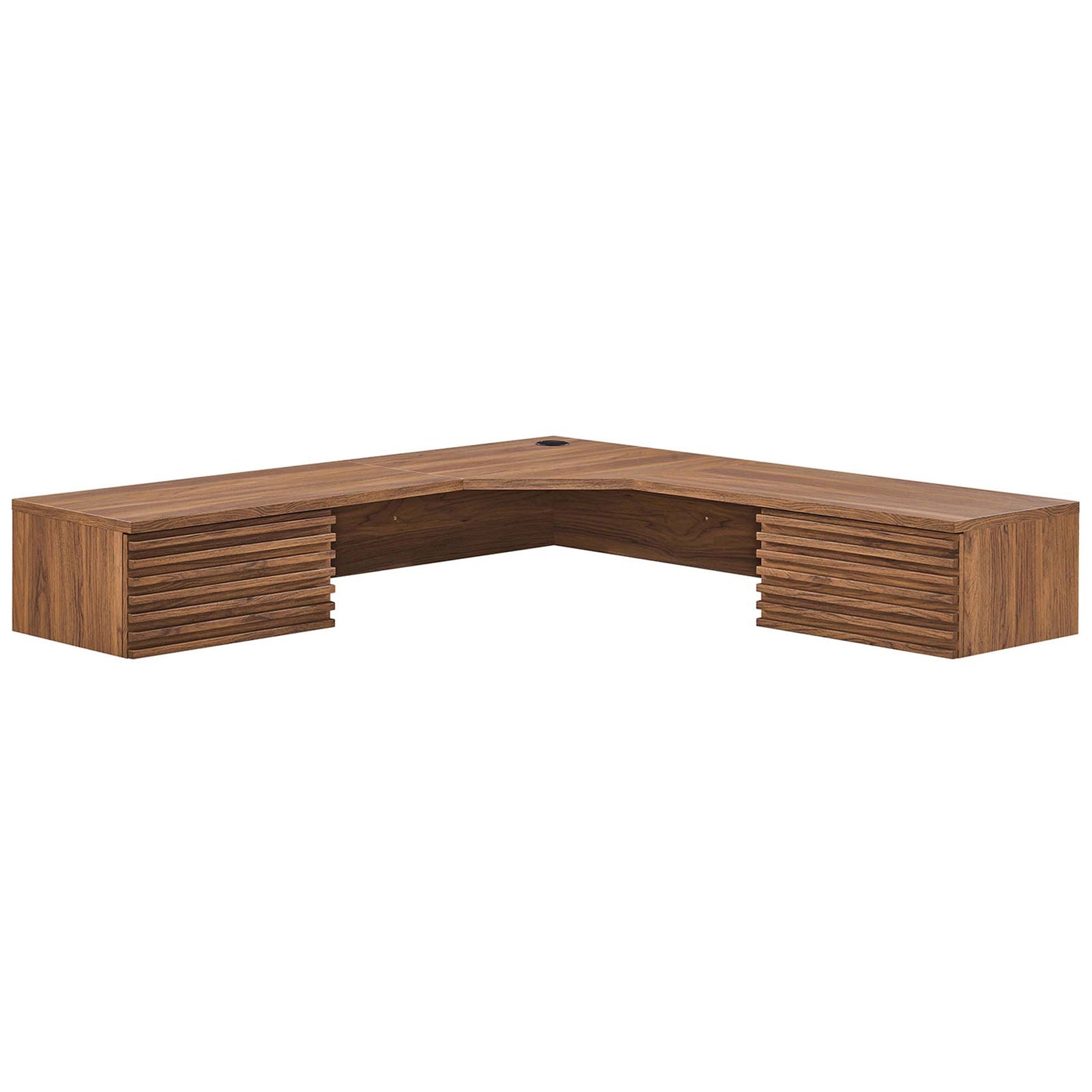 Floating corner desk in walnut with slatted drawers and a cable grommet for a tidy workspace || EEI-6181-WAL || front_angle_studio