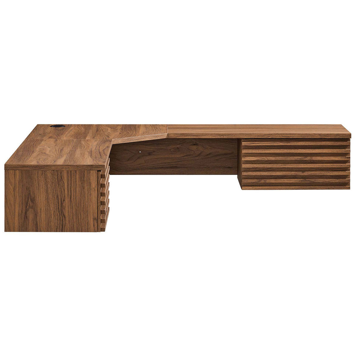 Sleek L-shaped desktop with ribbed drawer face and wood grain laminate || EEI-6181-WAL || side_studio