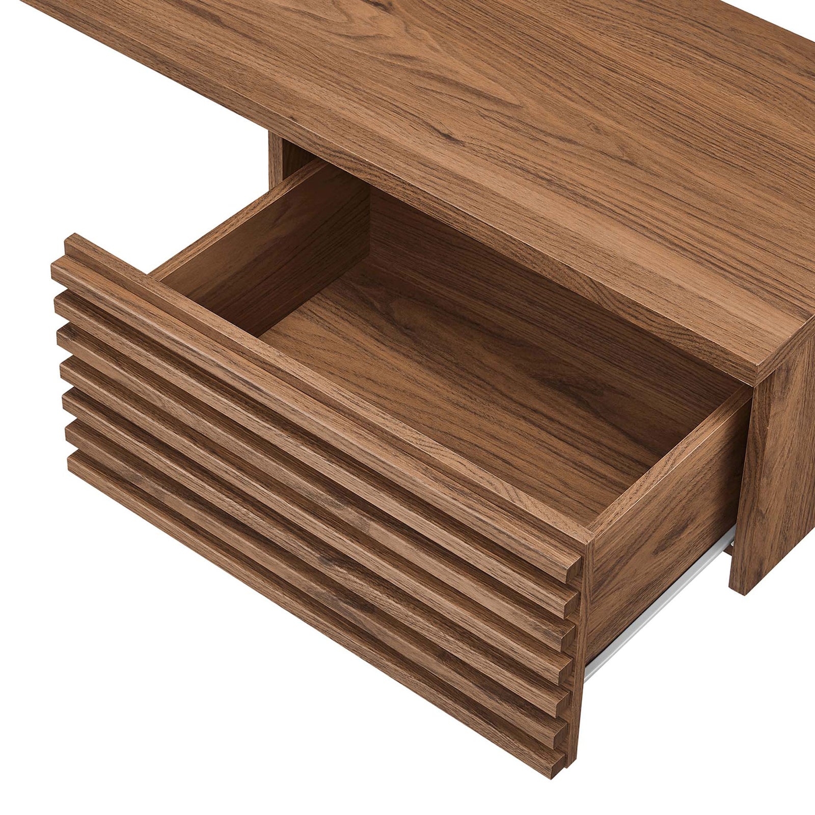 Full-extension drawer glides reveal spacious storage for office supplies || EEI-6181-WAL || storage_open_studio