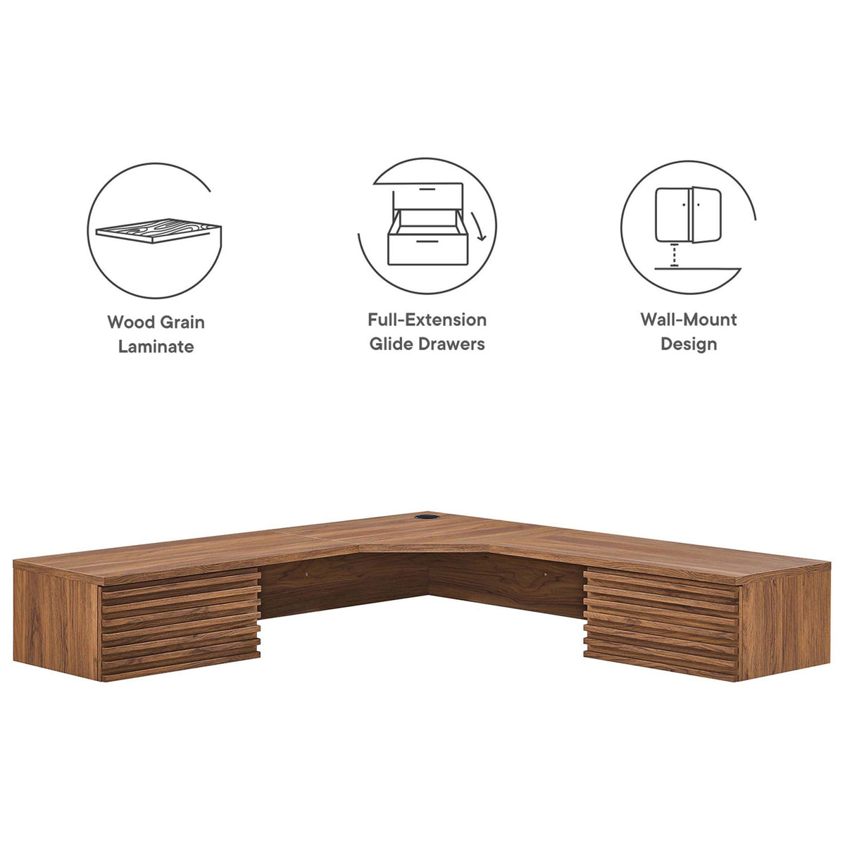 Key features include wood grain laminate, full-extension drawers, and wall-mount design || EEI-6181-WAL || callout_studio